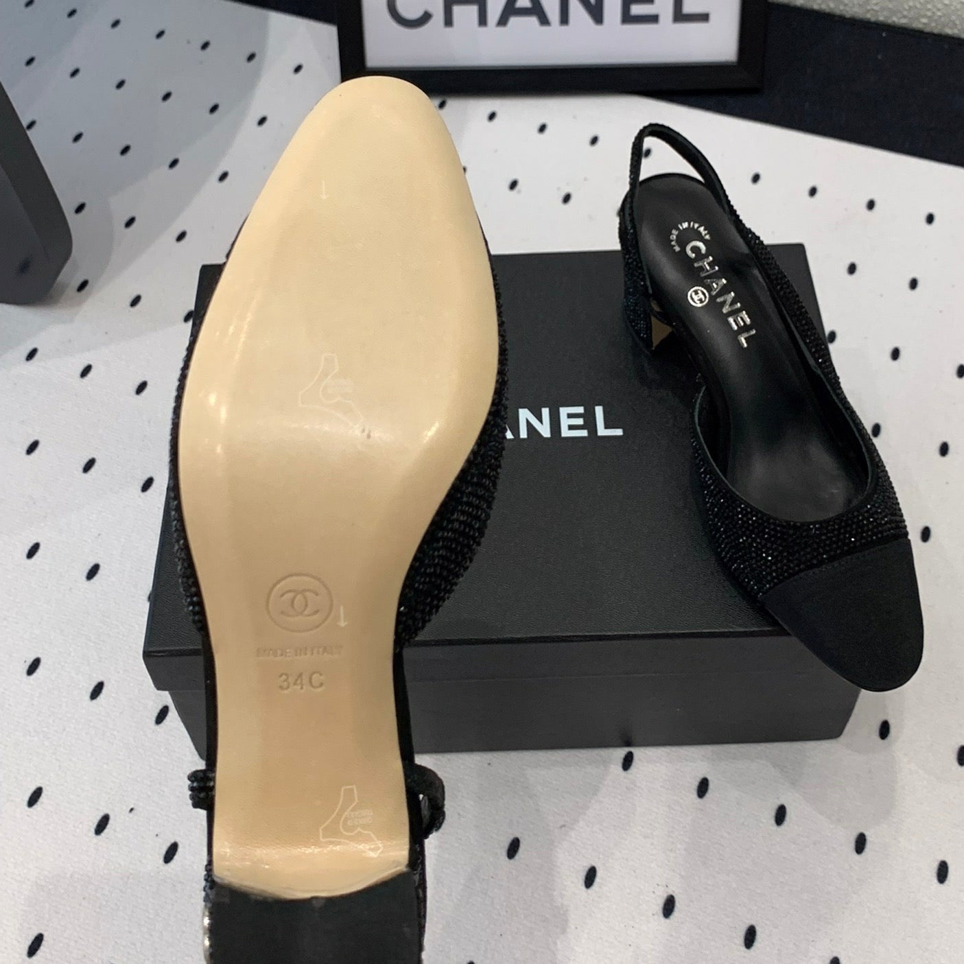 CHANEL Double Rhinestone Slingback Sheepskin Black