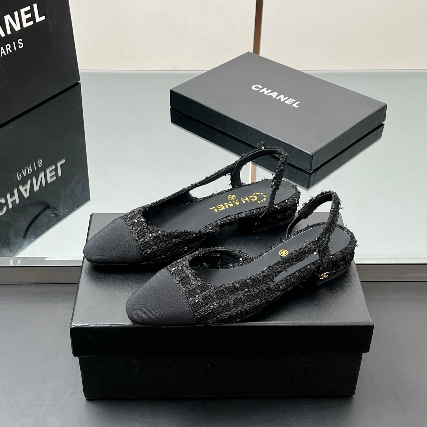 CHANEL SLINGBACK 25S IN BLACK FABRIC AND TWEED SEQUINED