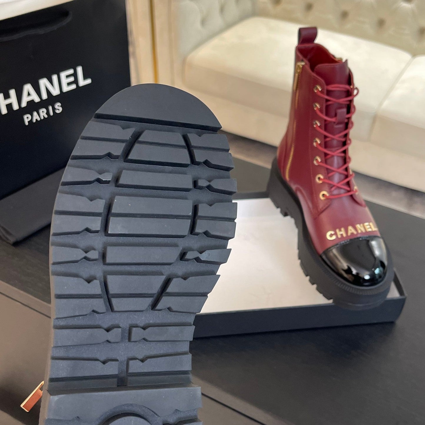 CHANEL ANKLE BOOTS IN BLACK MIX GARNET RED LAMBSKIN