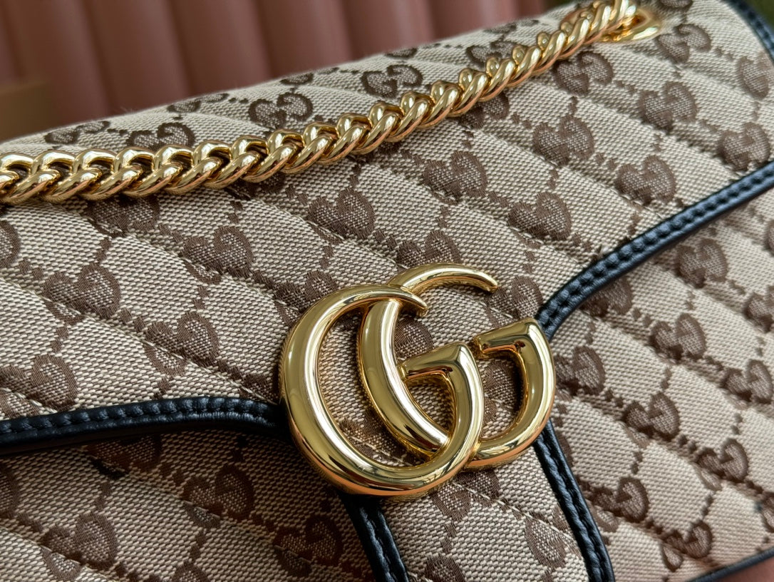 GUCCI MARMONT MEDIUM SHOULDER BAG 26 IN BEIGE AND BROWN CANVAS BLACK CALFSKIN GOLD HARDWARE