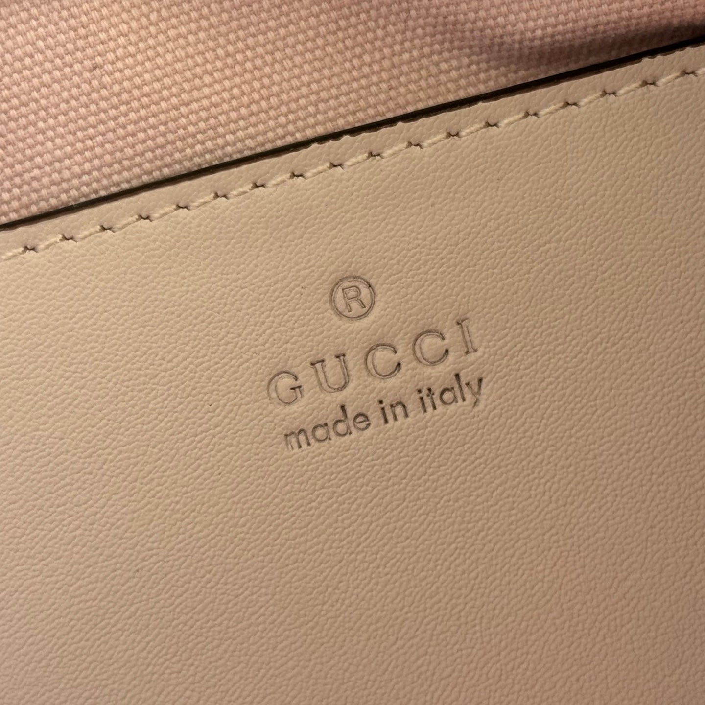 GUCCI 26S EMBLEM BUCKET BAG 22 IN LIGHT PINK COATED FABRIC