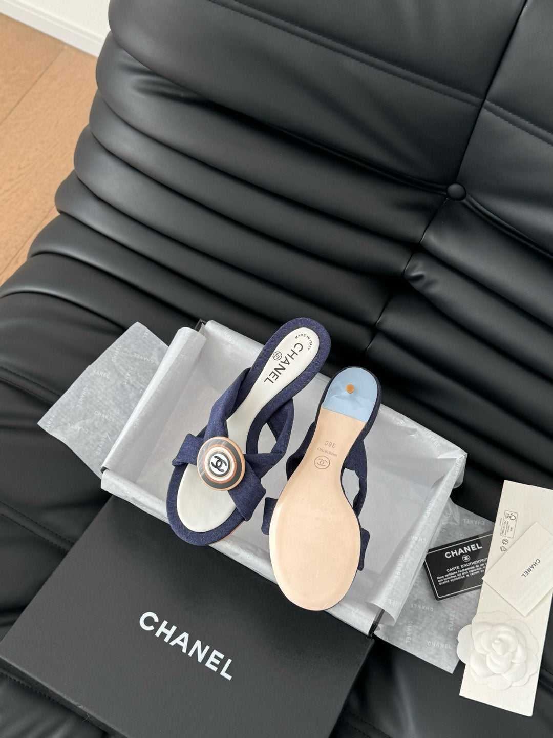 CHANEL NAVY BLUE FABRIC SLIDE SANDALS