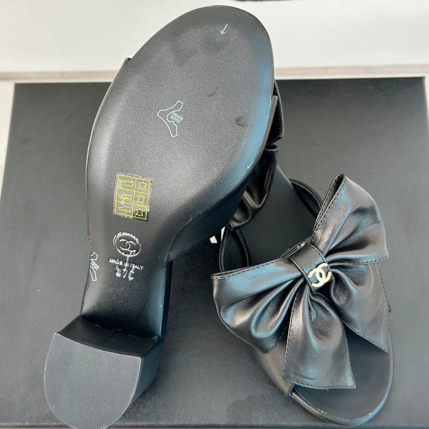 CHANEL Double Big Bow High Heels Sheepskin Black