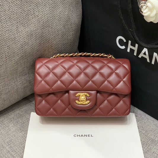 CHANEL MINI RECTANGLE FLAP BAG 20CM BURGUNDY LAMBSKIN GOLD HARDWARE
