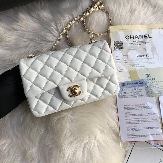CHANEL MINI 20 BAG IN WHITE CALFSKIN GOLD HARDWARE