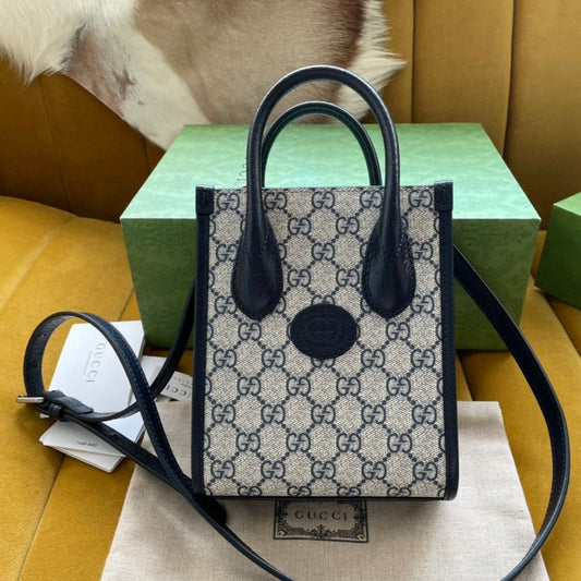 GUCCI MINI TOTE  20 BAG IN BEIGE CANVAS AND BLACK CALFSKIN