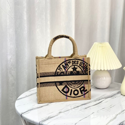 DIOR SHOPPING BAG 26 IN BEIGE AND BLACK EMBROIDERED CANVAS