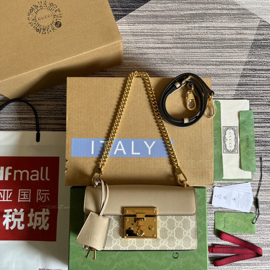 GUCCI PADLOCK 22 SMALL  SHOULDER BAG IN BEIGE CALFSKIN AND CANVAS