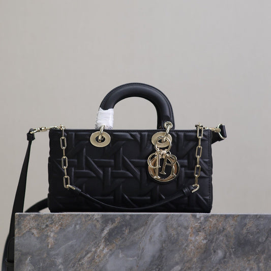 DIOR LADY D-JOY BAG 26 IN BLACK GRAPHIC CANNAGE CALFSKIN PALE GOLD-FINISH METAL CHARMS