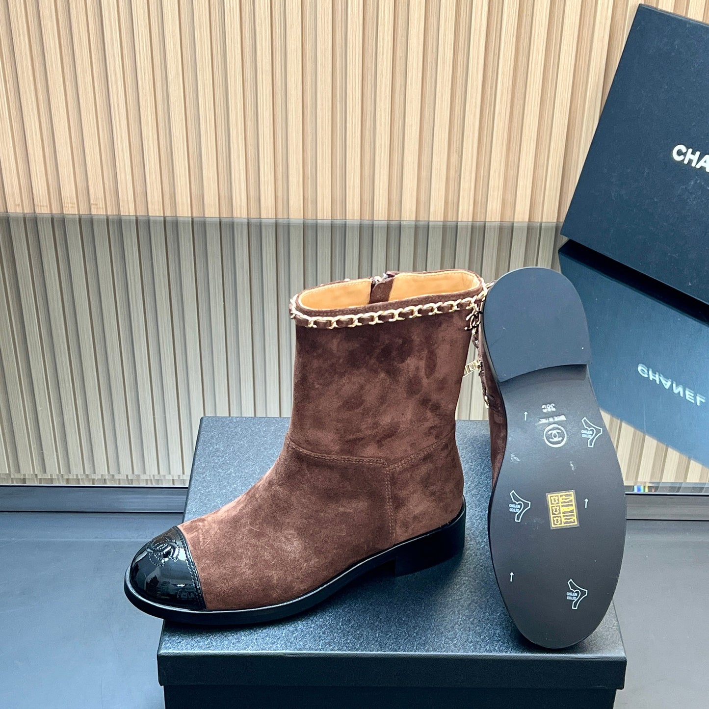CHANEL 25S SHORT BOOTS WITH CHAIN IN DARK BROWN SUEDE