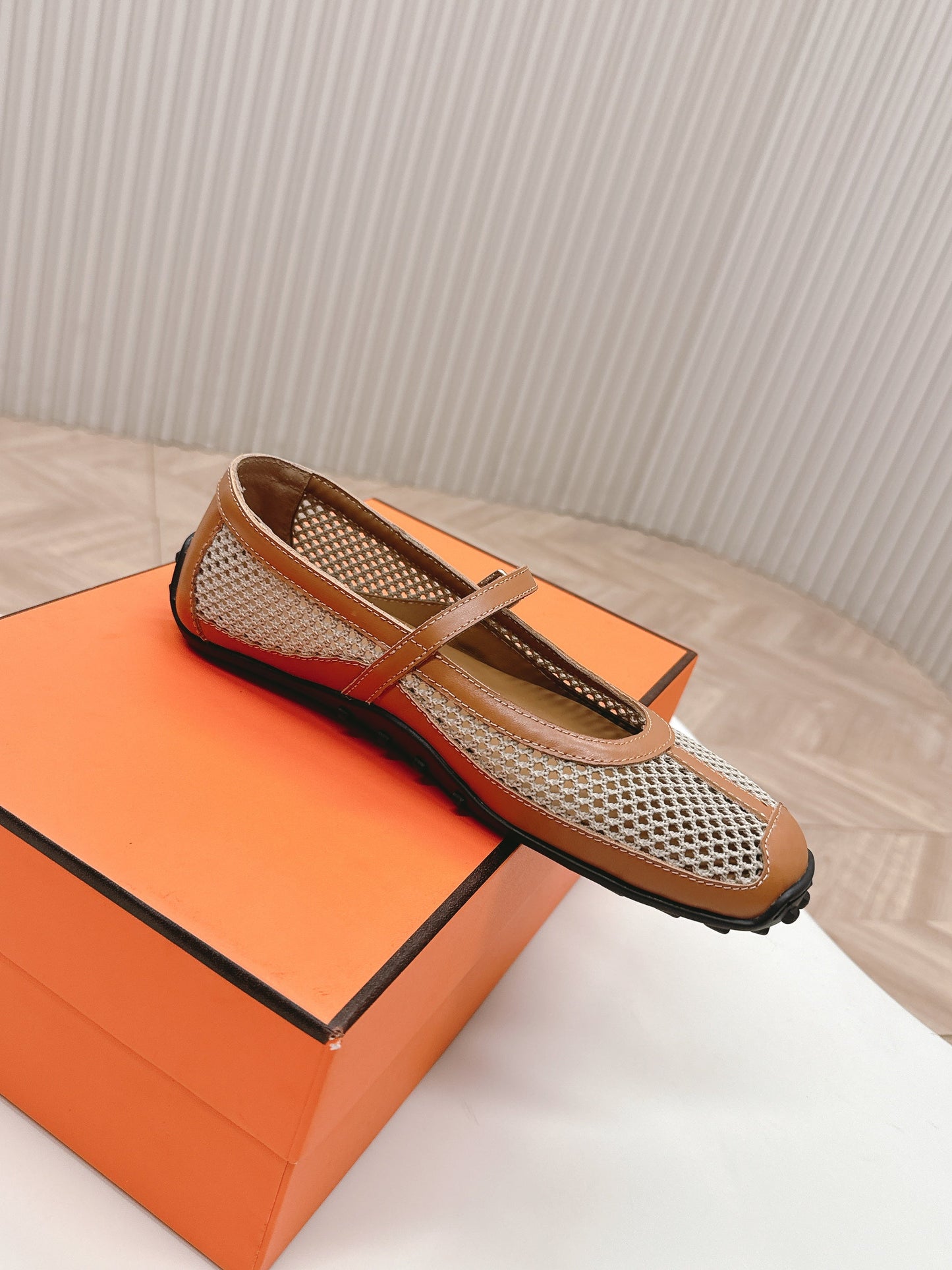 HERMES KICHU BALLET FLAT IN BRONZE BROWN CROCHET KNIT AND CALFSKIN