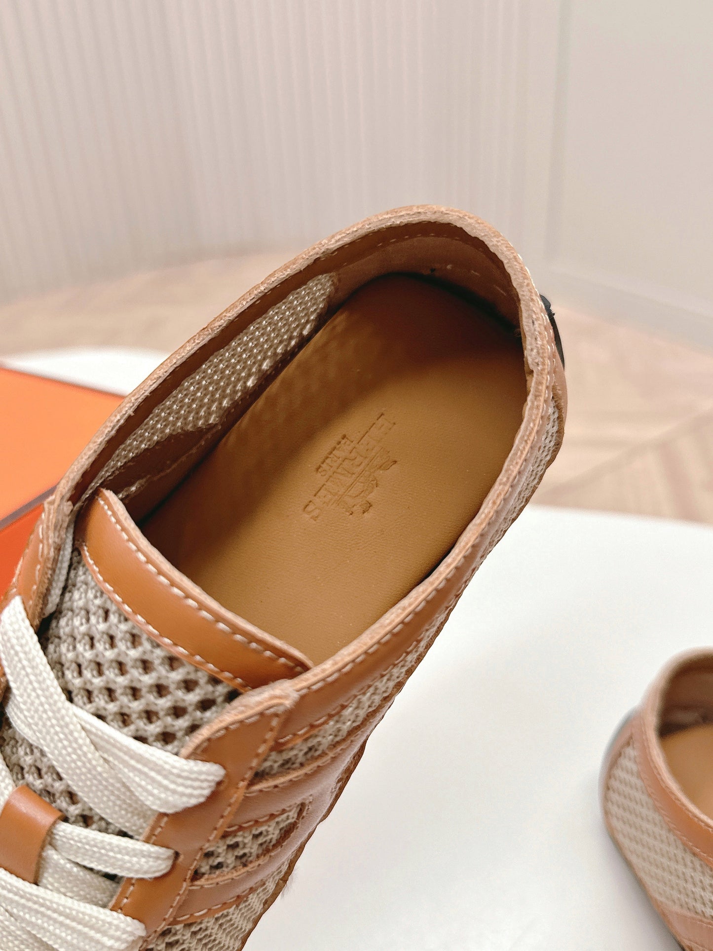 HERMES KIGA SNEAKER IN WHITE CROCHET KNIT AND BRONZE BROWN CALFSKIN