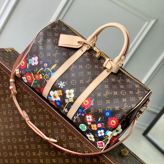LOUIS VUITTON KEEPALL BANDOULIÈRE  FLORAL 45 IN BROWN MONOGRAM COATED CANVAS