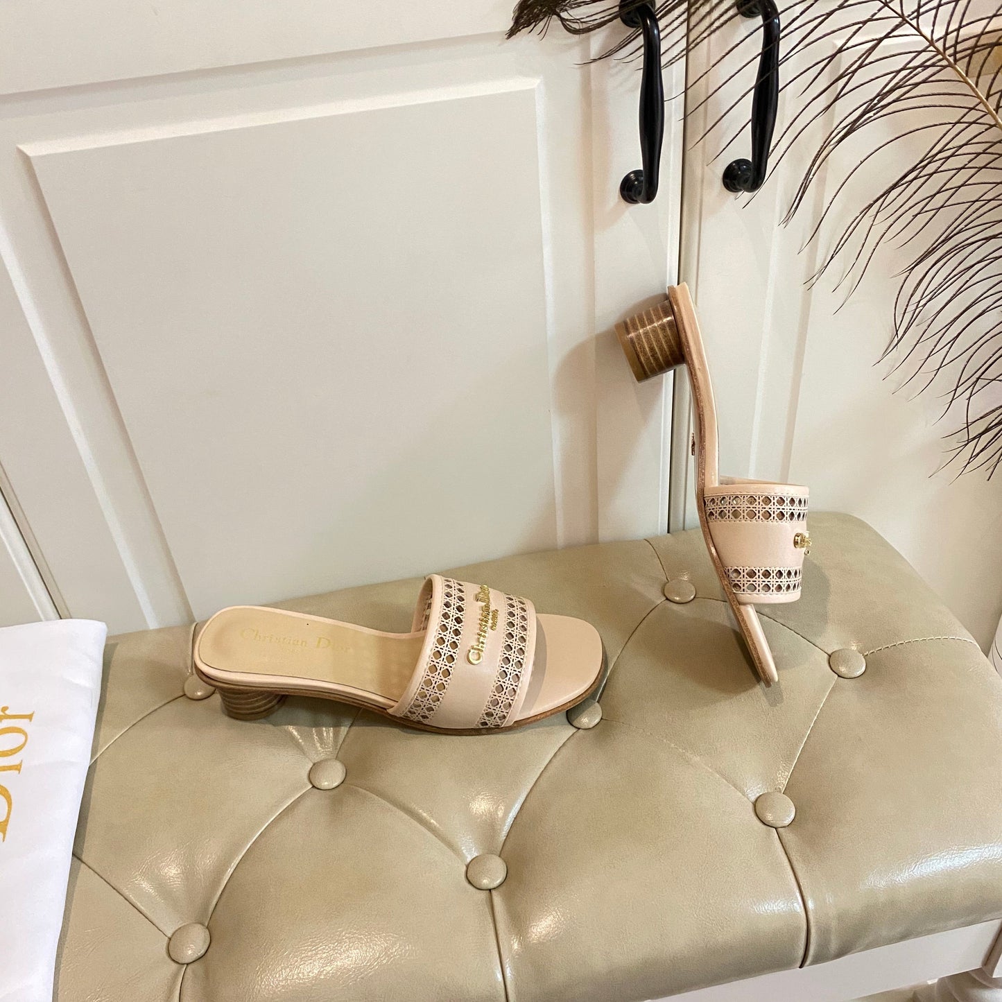 DIOR DWAY HEELED SLIDE IN CAMEL BEIGE CALFSKIN WITH GOLD LOGO