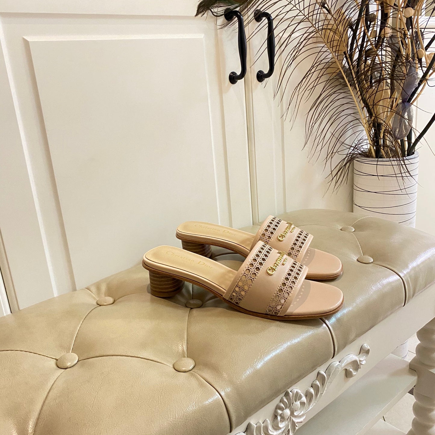 DIOR DWAY HEELED SLIDE IN CAMEL BEIGE CALFSKIN WITH GOLD LOGO