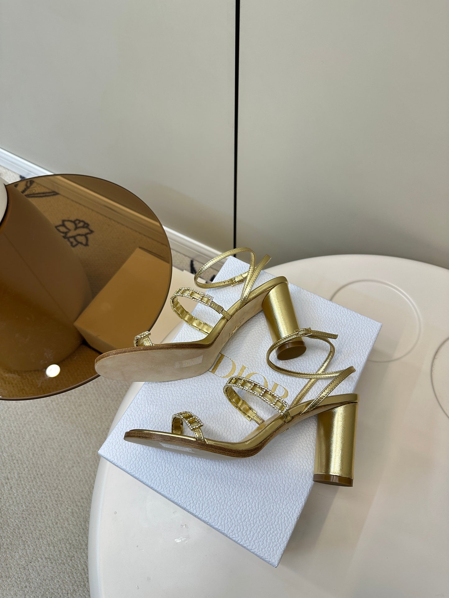DIOR HIGH HEEL 25S SANDALS 85MM IN SHINY GOLD CALFSKIN RHINESTONES STRAP