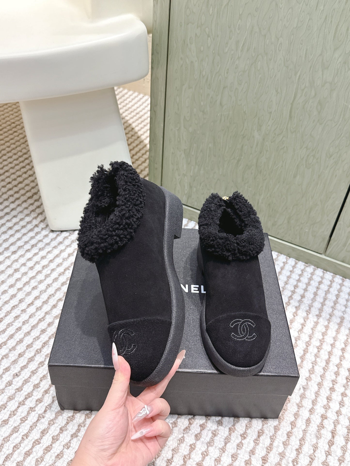 CHANEL 25S SHORT SUEDE BOOTS IN BLACK WITH SHEEPSKIN LINING