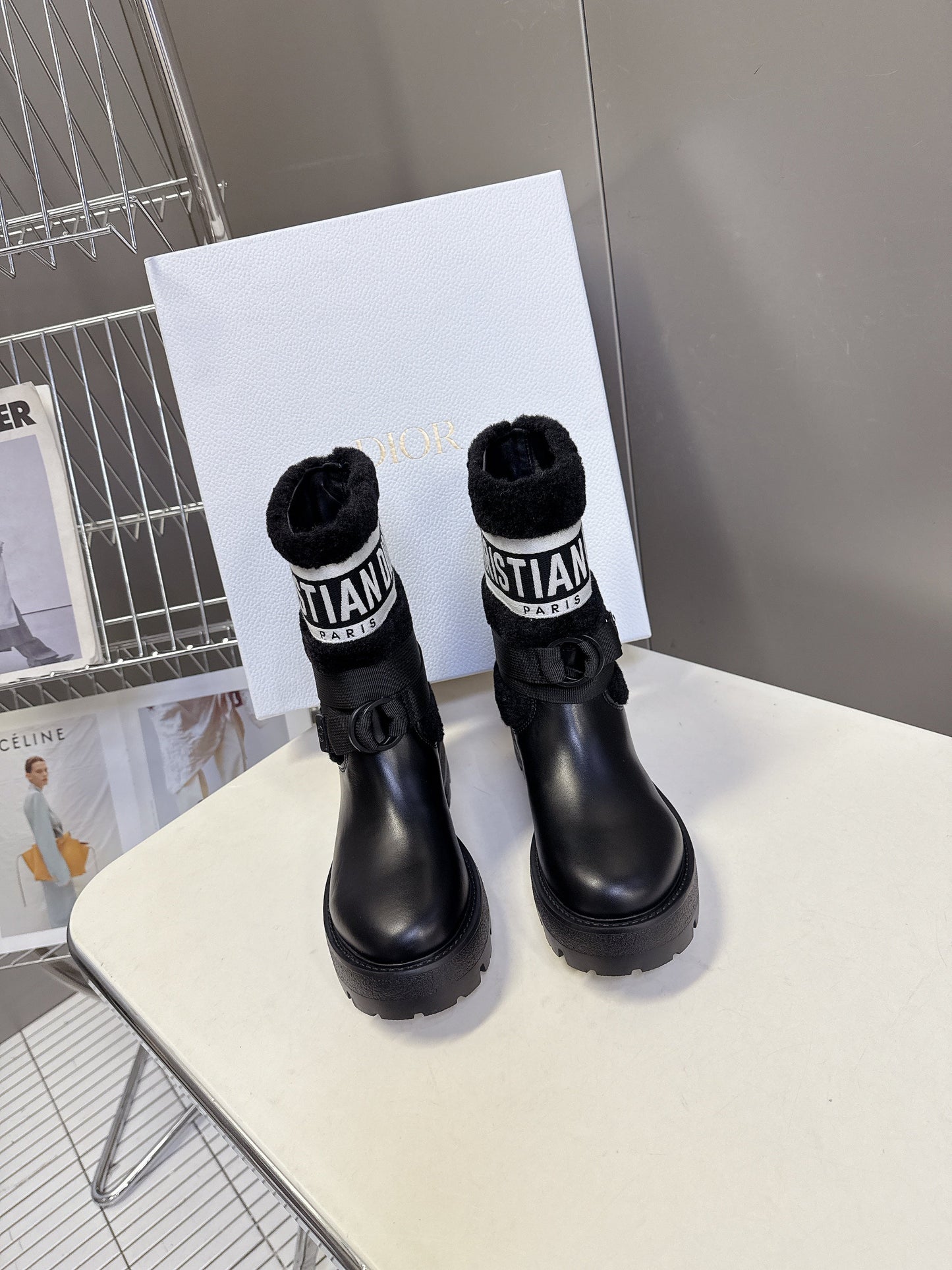 DIOR 25S D-MAJOR ANKLE BOOTS IN BLACK LAMBSKIN AND WOOL
