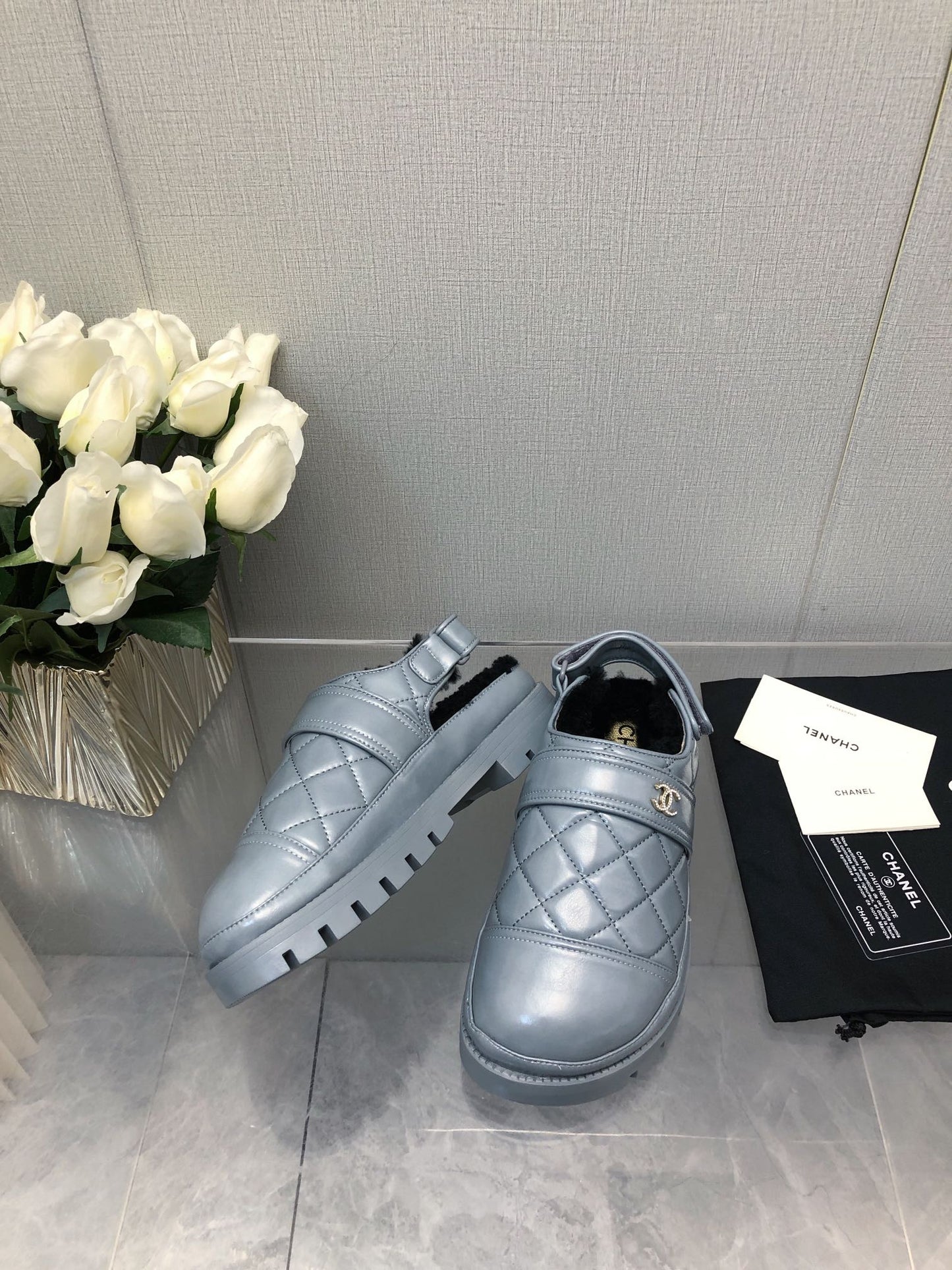 CHANEL CHUNKY PLATFORM SHEARLING SLIPPER SAPHIRE BLUE LAMBSKIN