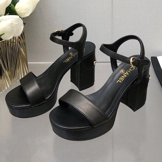 CHANEL BLOCK HEEL 9 CM SANDAL IN BLACK LAMBSKIN