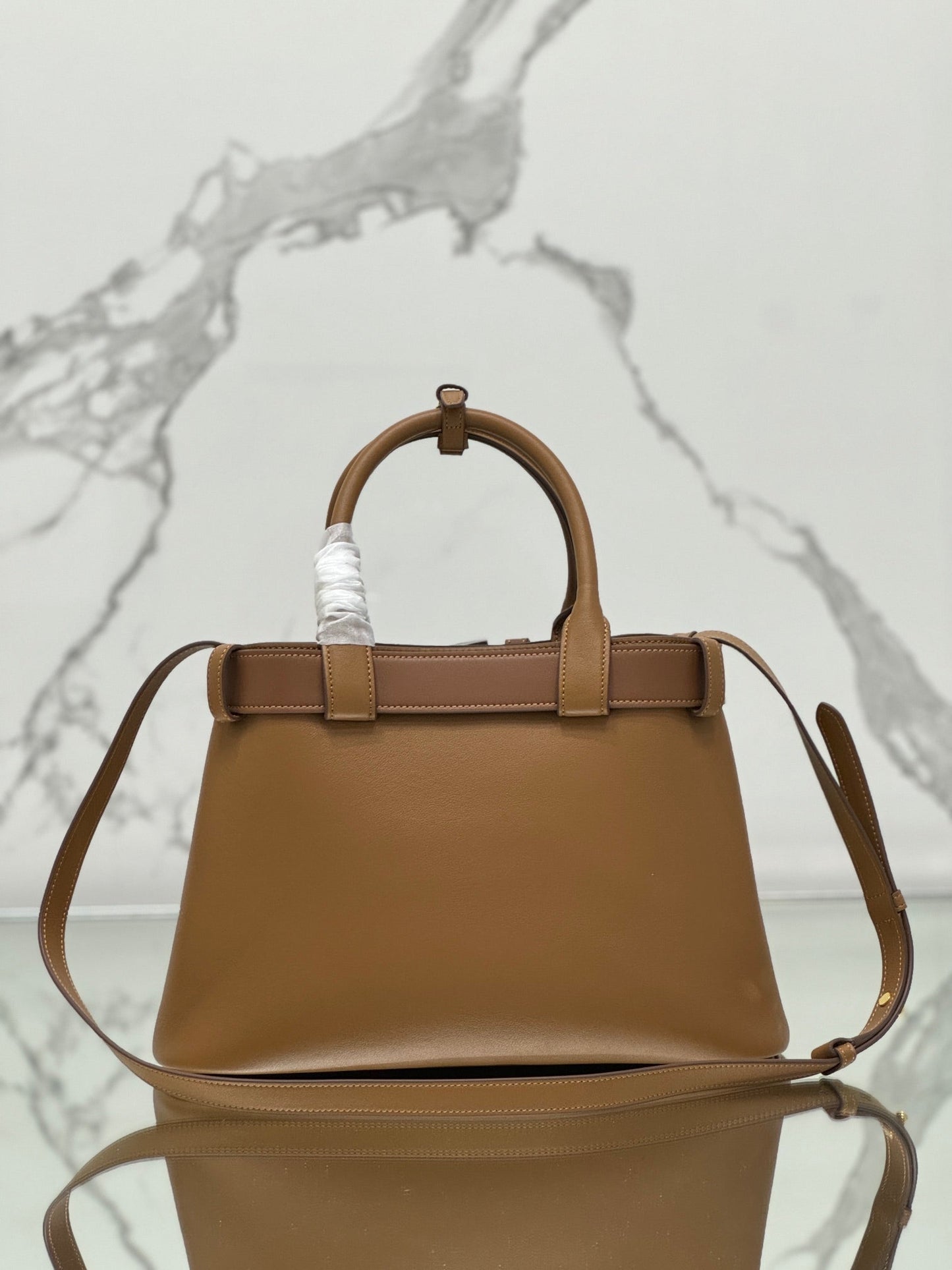 PRADA TOTE BAG WITH BELT 32 IN CIDER BROWN IMPORTED CALFSKIN