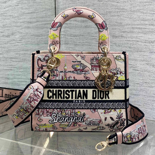 DIOR 25S SMALL LADY D-LITE BAG 24 IN PINK CANVAS  BUTTERFLY