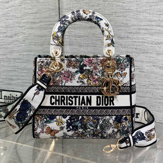DIOR 25S SMALL LADY D-LITE BAG 24 IN MULTICOLOR  FLOWERS CALENDAR ALLOVER EMBROIDERY