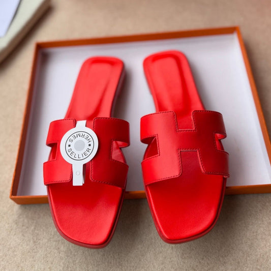 HERMES 0RAN SANDALS IN CHERRY RED CALFSKIN
