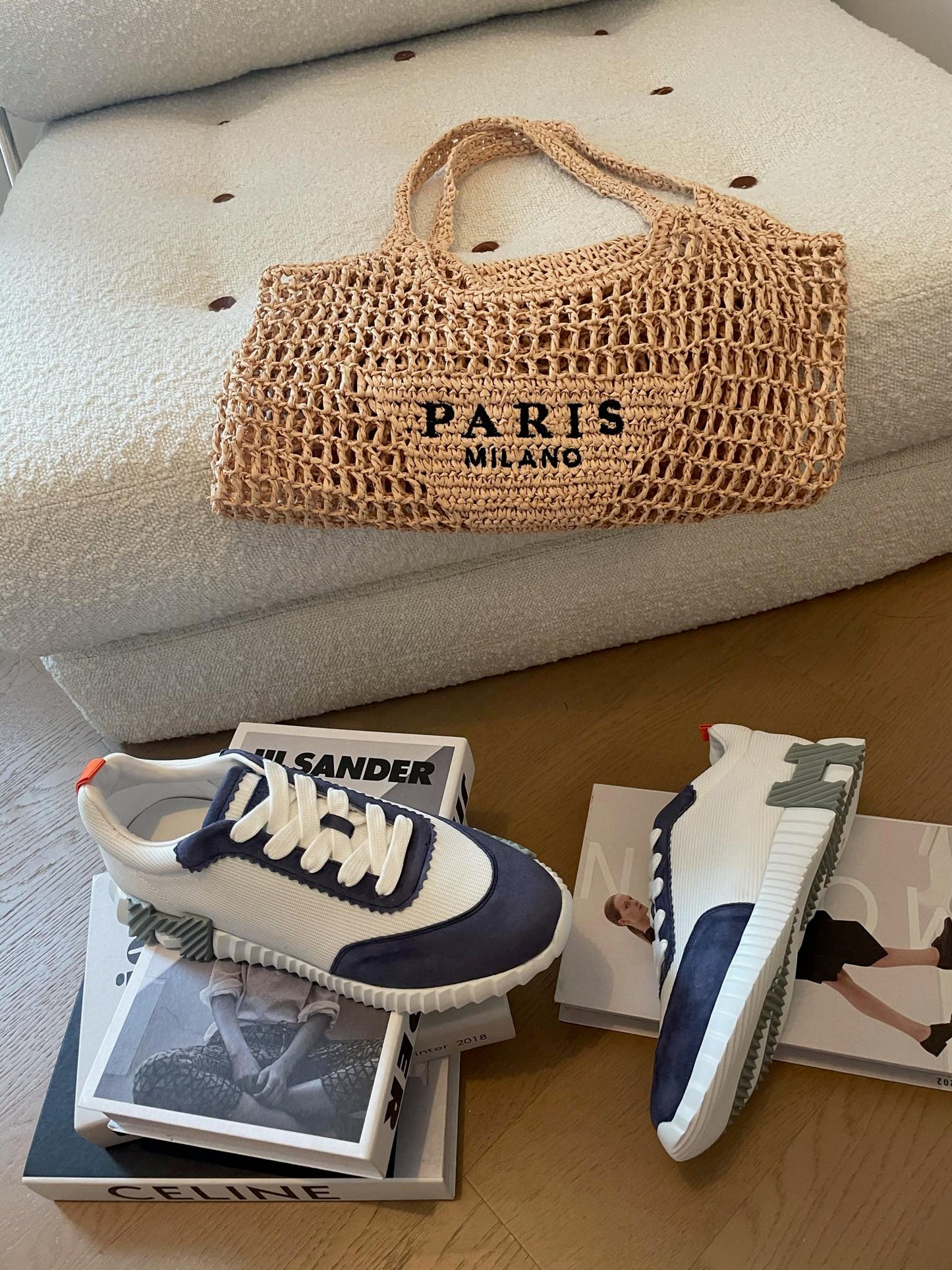 HERMES BOUNCING SNEAKERS LIGHT GRAY MIX NAVY CALFSKIN