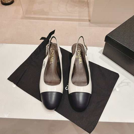 CHANEL SLINGBACKS WHITE MIX BLACK SHEEPSKIN