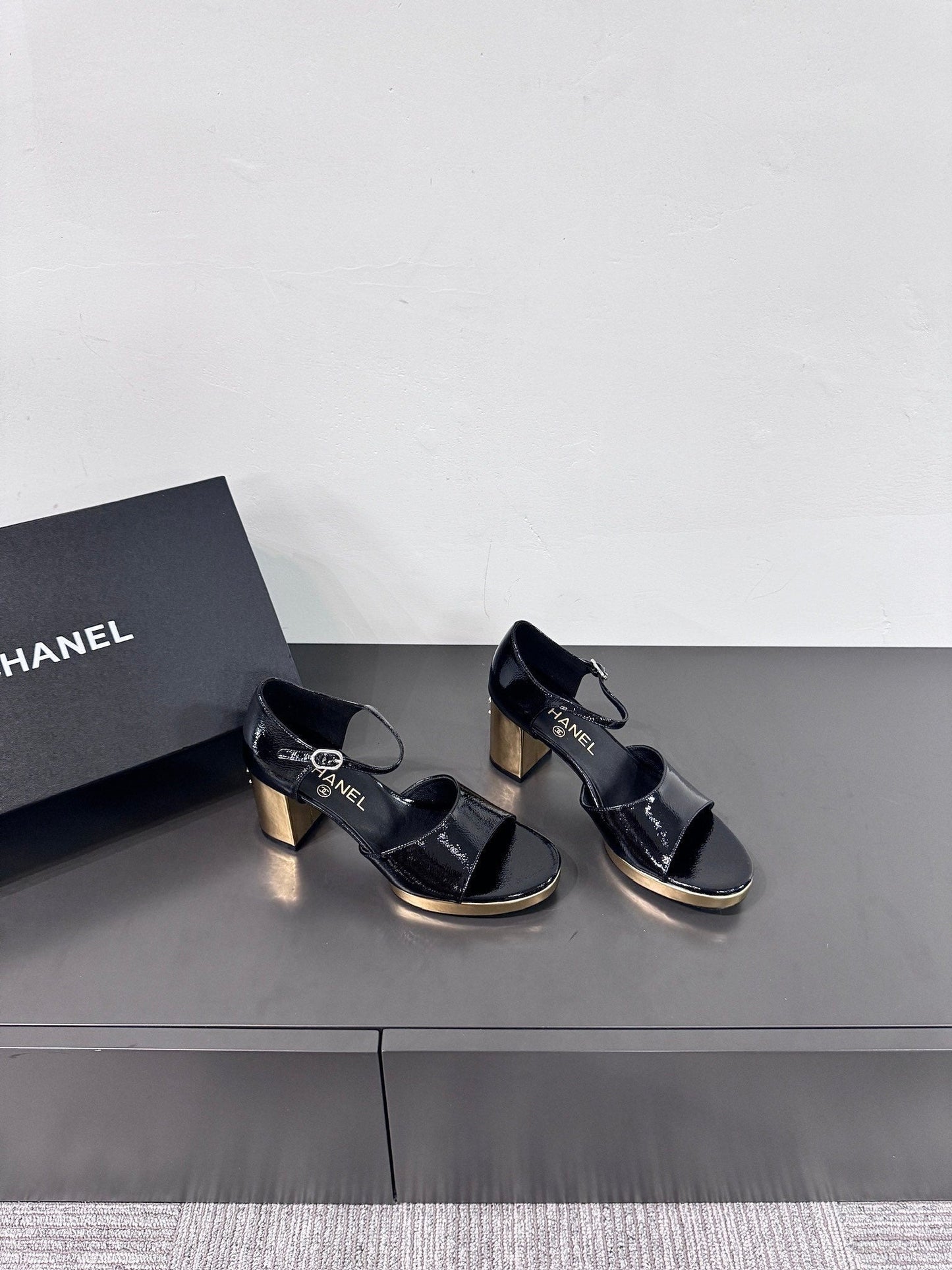 CHANEL BLOCK HEEL SANDALS BLACK SHEEPSKIN