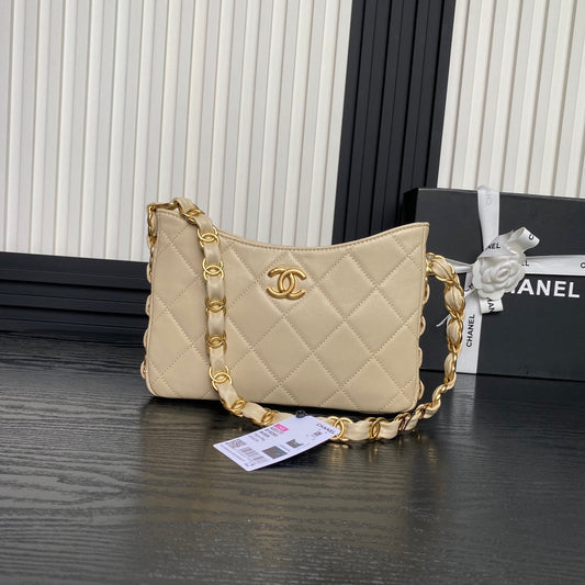 CHANEL HOBO BAG 24 IN BEIGE CALFSKIN GOLD DOUBLE C THICK CHAIN