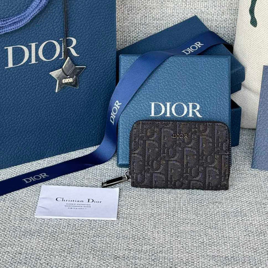 DIOR ZIPPED MINI WALLET 10 IN BLACK MONOGRAM OBLIQUE JACQUARD