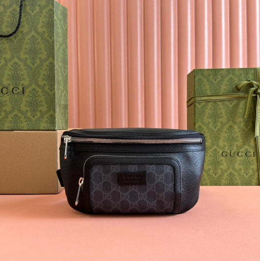 GUCCI SMALL BELT BAG 29 IN BLACK CALFSKIN AND DARK GRAY MONOGRAM CANVAS
