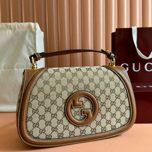 GUCCI BLONDIE LARGE TOP HANDLE BAG 32 IN BEIGE AND DARK BROWN CANVAS BROWN CALFSKIN
