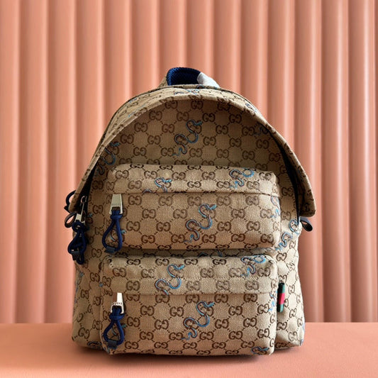 GUCCI BACKPACK 40 IN BEIGE AND BROWN CANVAS BLUE SNAKE EMBROIDERY