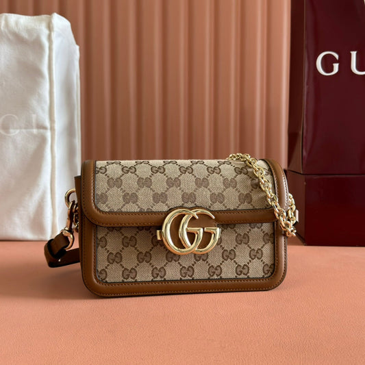 GUCCI GO SMALL SHOULDER BAG 21.5 IN BEIGE CANVAS BROWN CALFSKIN