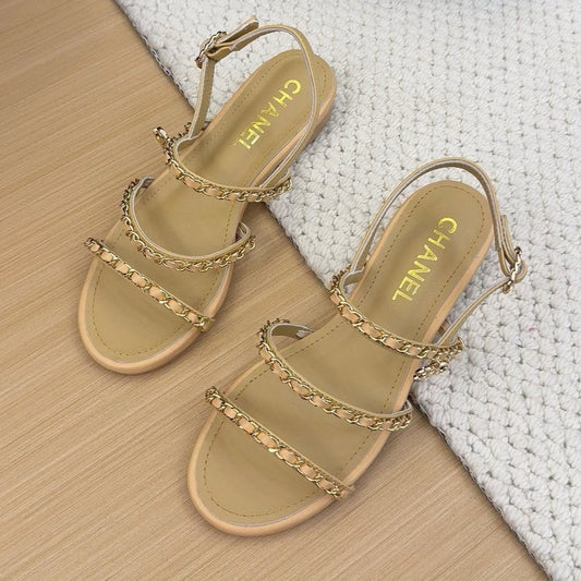 CHANEL THREE-STRAPS SANDALS IN SAND YELLOW CALFSKIN WITH GOLD HARDWARE