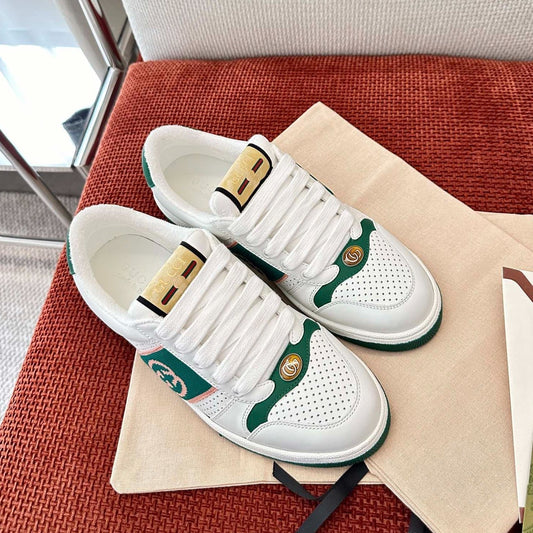 GUCCI SCREENER SNEAKER WHITE AND DARK GREEN CALFSKIN