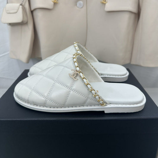CHANEL White Lambskin Gold Chain Mules