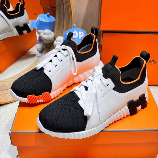 HERMES DEPART SLIP-ON SNEAKER IN WHITE MIX BLACK KNIT AND CALFSKIN