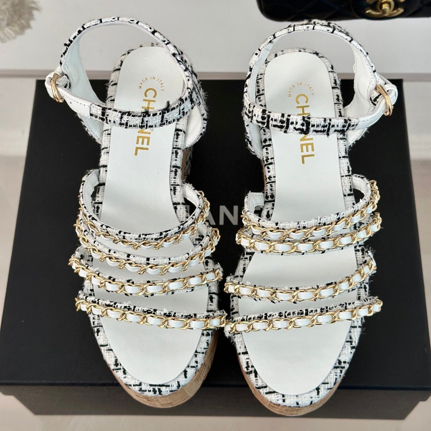 CHANEL Double C Wooden Chain Platform Block Heel Sandals Black Caro/ White