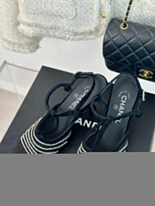 CHANEL Crystal Flat High Heel Sandals Black