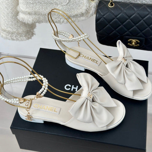 CHANEL Double C Big Bow Pearl Chain Sandals White Lambskin