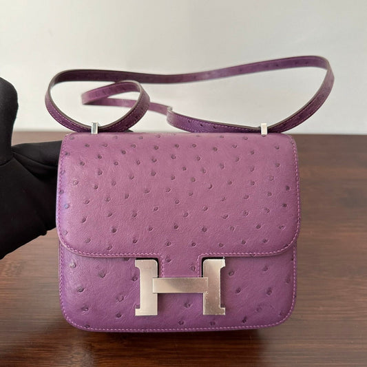 HERMES CONSTANCE 18 PURPLE OSTRICH SILVER HARDWARE