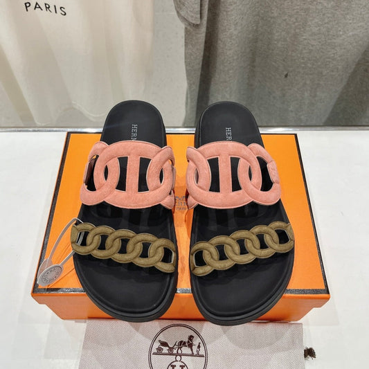 HERMES EXTRA SANDAL BLACK MIX PEACH MIX MOSS CALFSKIN